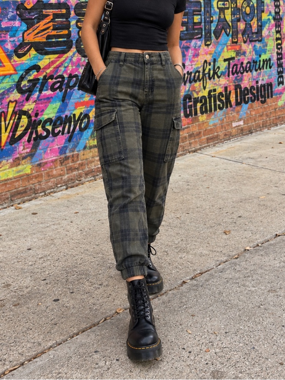 Hot Topic Olive Green Black Plaid Cargo Jogger Pants Punk Grunge M